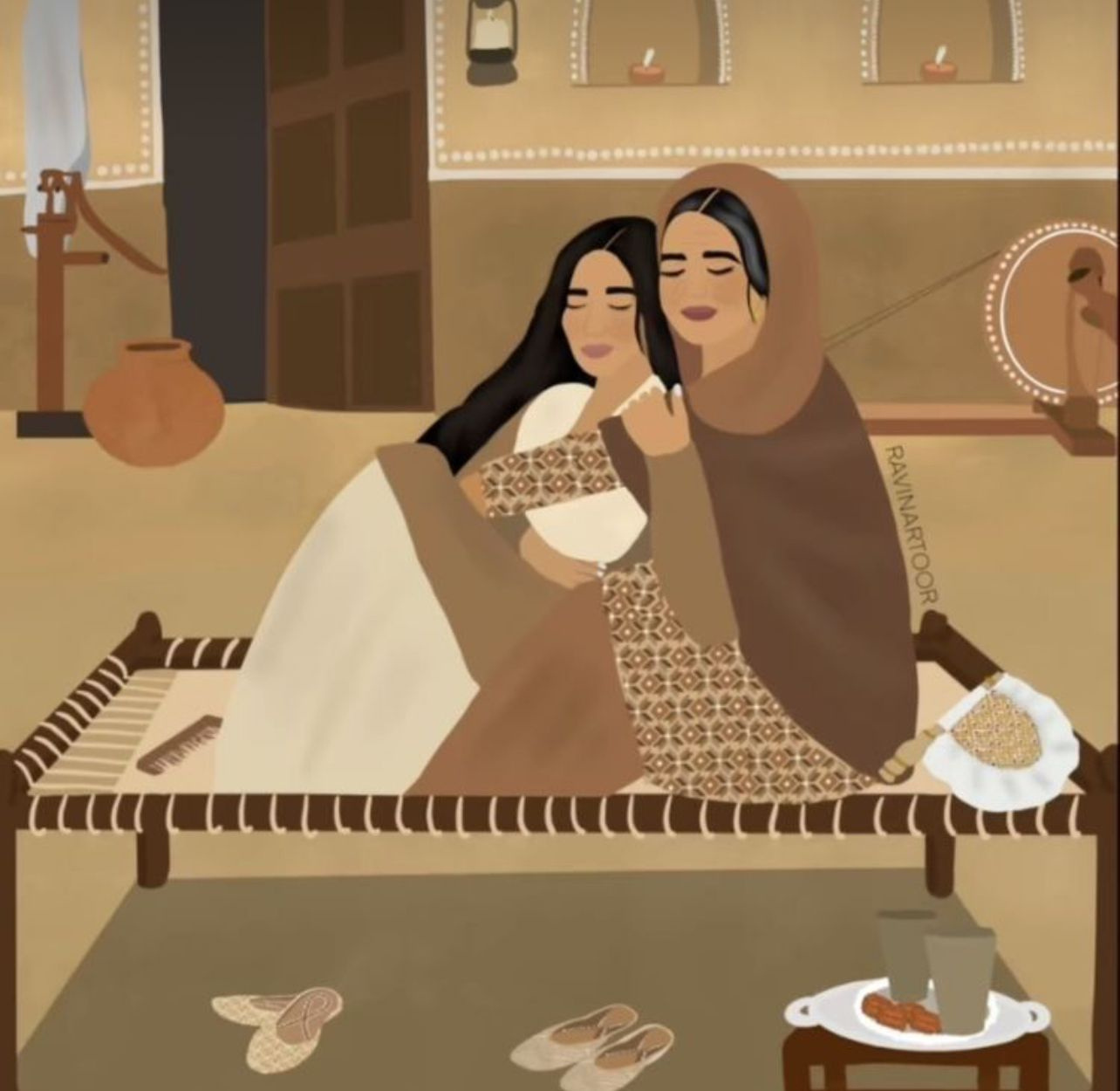 Traditional heritage hair care scene — three women