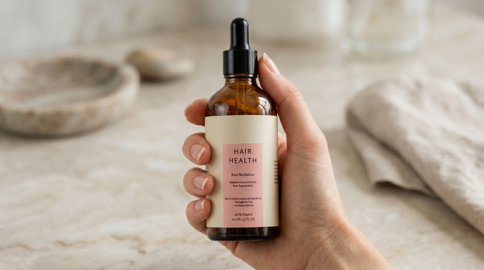 Woman holding Hair Health Root Revitalizer bottle